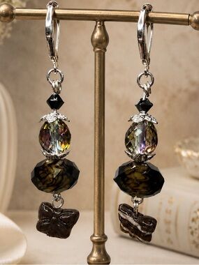 Art Glass, Zebra Marble Stone Butterflies & Crystal Dangle Earrings
